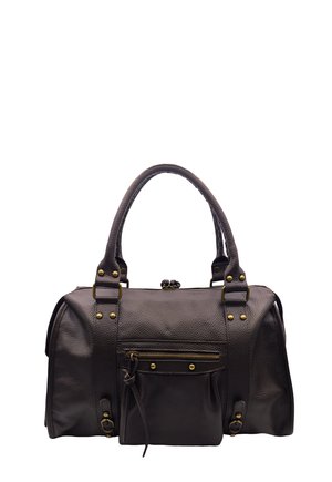 Sac à main en cuir marron foncé avec deux poignées, une poche avant zippée, des détails en rivets en laiton et une forme rectangulaire arrondie.