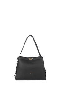 Borsa a mano nera in pelle con una superficie testurizzata, manico superiore e una chiusura in accento oro. Presenta un logo sottile sul davanti.
