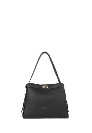 Borsa a mano nera in pelle con una superficie testurizzata, manico superiore e una chiusura in accento oro. Presenta un logo sottile sul davanti.
