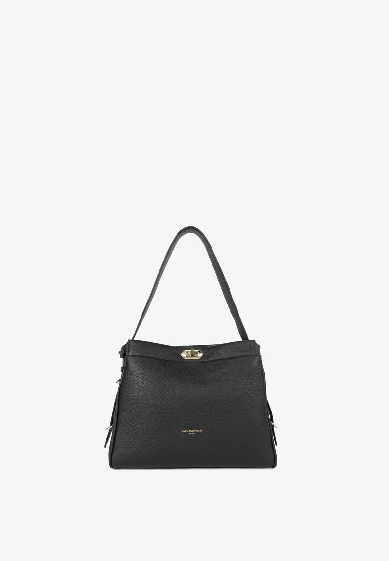 Borsa a mano nera in pelle con una superficie testurizzata, manico superiore e una chiusura in accento oro. Presenta un logo sottile sul davanti.