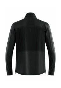 Schwarze, leichte Langarmjacke mit hohem Kragen, sichtbaren Nähten und subtiler Textur, von hinten auf einem weißen Hintergrund gezeigt.