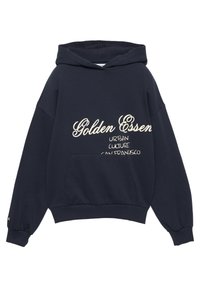 Námornícky modrá mikina s kapucňou, s predným vreckom, s krémovým textom: "Golden Essen Urban Culture San Francisco." Mäkká tkanina, voľný strih.