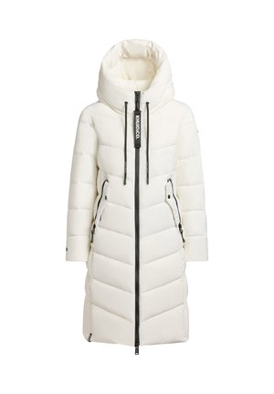 Weiße isolierte Daunenjacke mit Kapuze, mit einem Chevron-Steppdesign, Reißverschluss vorne und seitlichen Taschen mit schwarzen Akzenten.