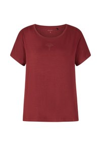 Rood T-shirt met korte mouwen, gemaakt van zachte stof, met een ronde hals en een klein, geborduurd boomontwerp in het midden.