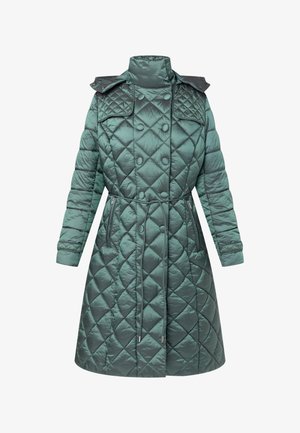 Gequilteter Puffer-Mantel in Dunkelgrün mit hohem Kragen, doppelter Knopfblende und seitlichen Reißverschlusstaschen. Mit dekorativen Schulterakzenten.