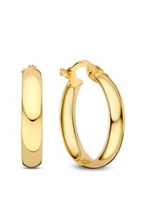 Créoles dorées au design lisse et arrondi. Elles disposent d'un fermoir à charnière et d'une surface polie, reflétant la lumière de manière élégante.