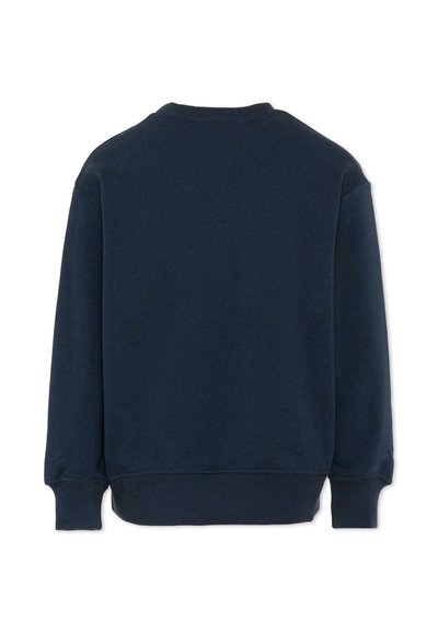 Sweat-shirt bleu marine à manches longues et col rond, avec poignets et ourlet côtelés, vu de dos sur un fond blanc.