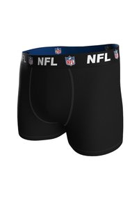 Czarne bokserki z szerokim elastycznym pasem z logo i napisem NFL. Gładki materiał, dopasowany krój i subtelne detale szwów.