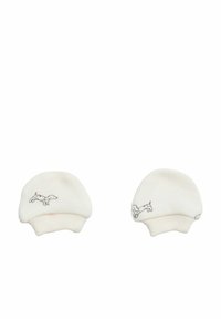 Bawełniane czapeczki dla niemowląt w kolorze ecru, z wyszywanymi wzorami psów. Miękka tekstura z zaokrąglonym kształtem i mankietem dla komfortu.