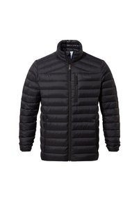 Black padded jacket with a stand-up collar, featuring horizontal quilted design, full front zipper, and a chest pocket with zip closure.