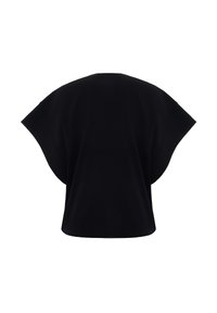 Haut noir surdimensionné à manches courtes avec des manches larges et fluides, présenté de dos sur un fond blanc.