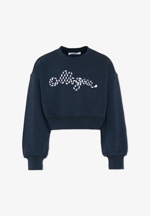 Felpa corta blu navy con maniche lunghe a palloncino e design astratto a script bianco e blu navy testurizzato sulla parte anteriore.