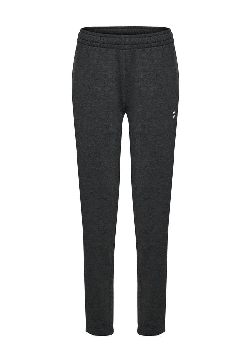 Grijze sweatpants met een elastische tailleband, taps toelopende pijpen en een klein wit logo aan de linkerkant. Gemaakt van een zachte, textuurlijke stof.