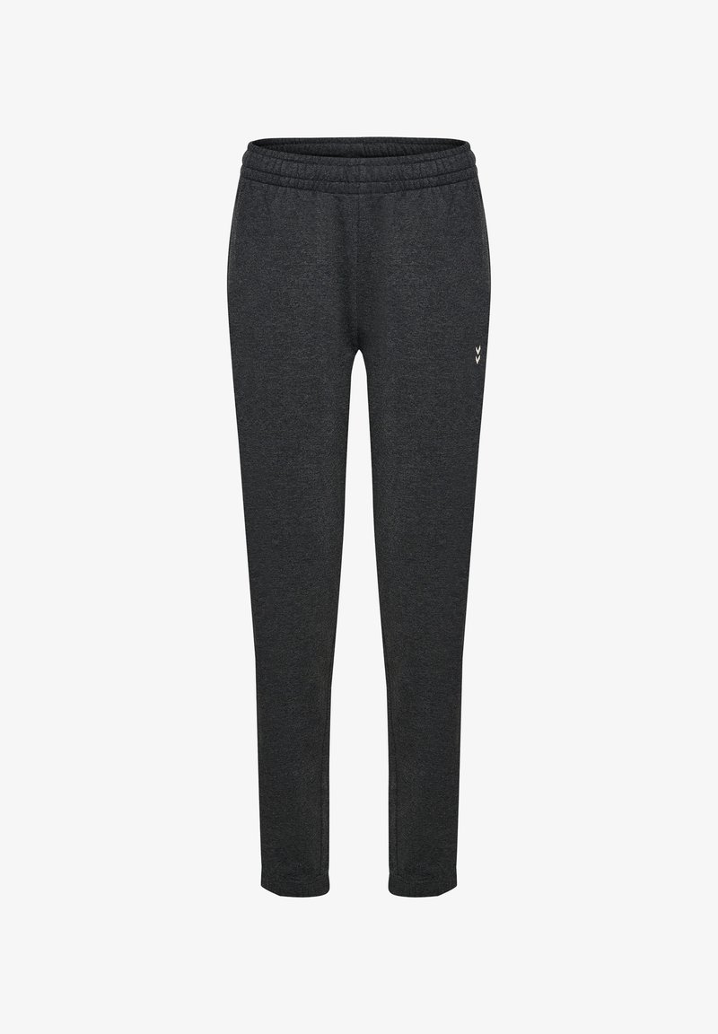 Grijze sweatpants met een elastische tailleband, taps toelopende pijpen en een klein wit logo aan de linkerkant. Gemaakt van een zachte, textuurlijke stof.