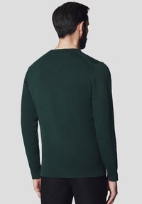 Zielony sweter dziany z długimi rękawami, okrągłym dekoltem, ściągaczami na mankietach i u dołu oraz gładką fakturą, pokazany z tyłu.