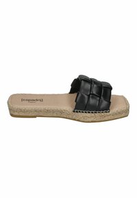 Black leather slide sandal with a woven upper, jute midsole, and textured rubber outsole. Flat design, casual style for everyday wear.