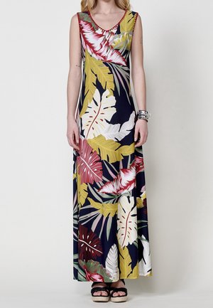 Maxikleid aus marineblauem Stoff mit einem lebendigen tropischen Blattmuster in Rot, Gelb und Weiß. Verfügt über einen V-Ausschnitt und ein ärmelloses Design.
