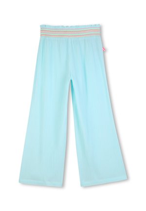 Lichtblauwe broek met wijde pijpen, een gestructureerde stof en een multicolor elastische tailleband.