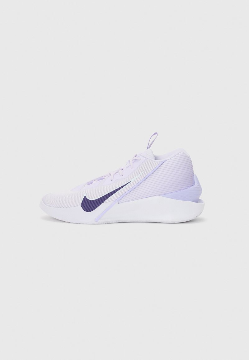 Light purple athletic shoe with a textured mesh upper, curved heel, and dark purple swoosh logo. Features lacing and a pull tab at the back.