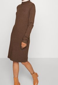 Abito marrone lavorato a maglia con maniche lunghe e colletto alto. Tessuto liscio, polsini a coste e forma ad A che arriva fino al ginocchio. Indossato con stivali beige lucidi.