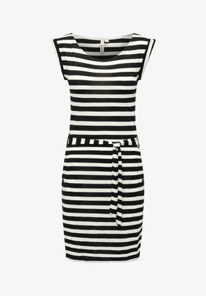 Black and white striped dress with short sleeves, a scoop neck, a belt at the waist, and two side pockets. Made from a soft, lightweight fabric.