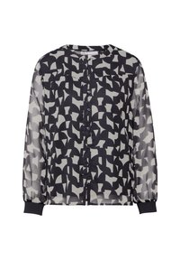 Průhledná černá blůza s bílým abstraktním vzorem, s knoflíkovým zapínáním vpředu, nařasenými detaily a elastickými manžetami.