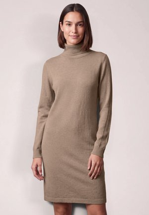 Une femme porte une robe-pull taupe à col roulé, longueur genou, sur un fond clair et uni.