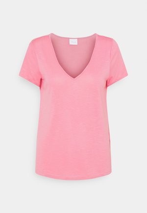 Pink V-neck t-shirt made of soft, lightweight material. Features short sleeves and a relaxed fit, with subtle texture throughout.