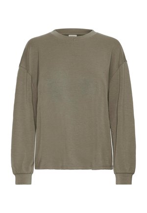 Tricou cu maneci lungi de culoare verde măsliniu, cu guler rotund și mansete ribbed, având o croială lejeră, prezentat pe un fundal alb.