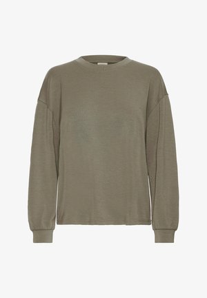 Tricou cu maneci lungi de culoare verde măsliniu, cu guler rotund și mansete ribbed, având o croială lejeră, prezentat pe un fundal alb.