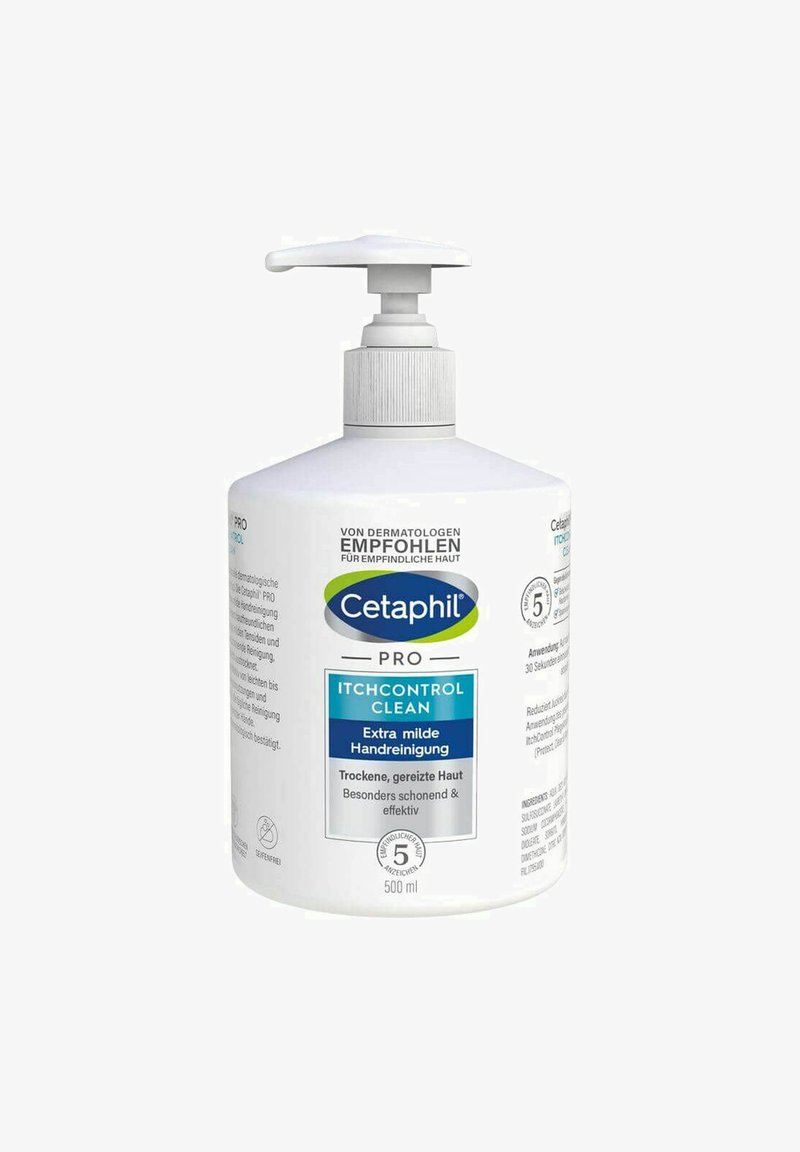 Cetaphil PRO Itch Control Clean is a 500ml white plastic pump bottle with a ribbed top, featuring a blue label and clear text.