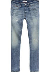 Ljust blå denimjeans med slim fit, whiskering-effekter, slitna lappar på knäna och kontrasterande sömnadsdetaljer.