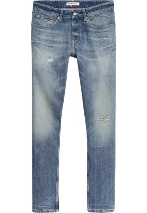 Lichtblauwe denim jeans met een slim fit, wassingseffecten, versleten patches op de knieën en contrasterende stikdetails.