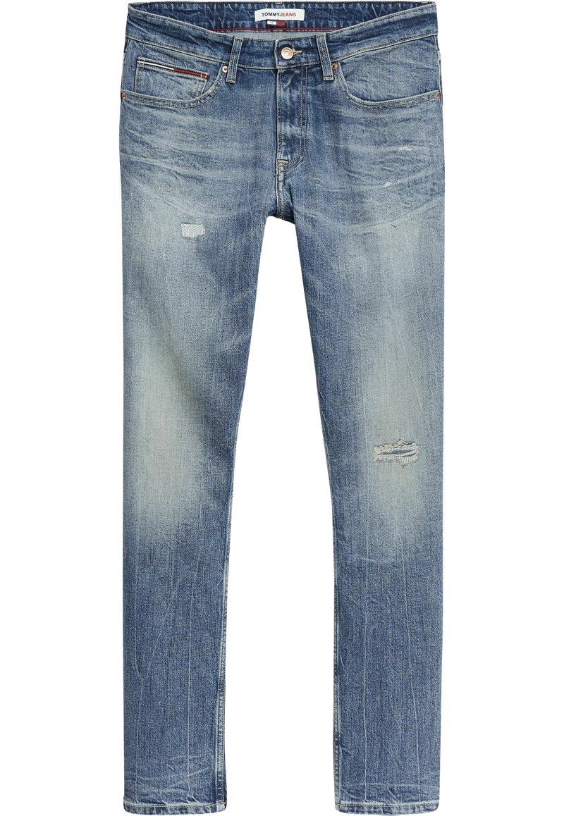 Ljust blå denimjeans med slim fit, whiskering-effekter, slitna lappar på knäna och kontrasterande sömnadsdetaljer.