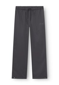 Dunkelgraue gerade geschnittene Hose mit elastischem Bund, schwarzem Kordelzug und kleinen Metallknöpfen am Saum.