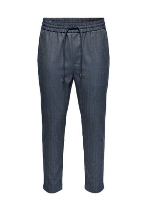 Mørkeblå afslappede bukser med elastisk linning og snøre, slank lige pasform, lavet af blødt stof uden synlige lommer.