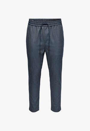 Pantalon décontracté bleu foncé avec taille élastique et cordon, coupe droite ajustée, confectionné dans un tissu doux sans poches visibles.