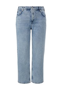Jean droit en denim bleu clair avec fermeture à bouton et zip devant et deux poches avant.