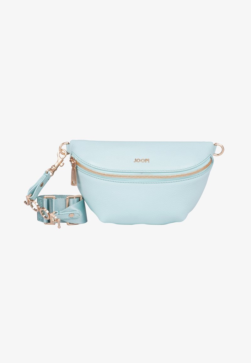 Clutch bag in pelle blu chiaro con zip in alto e hardware dorato. Presenta una tracolla staccabile e un logo in risalto sul fronte.