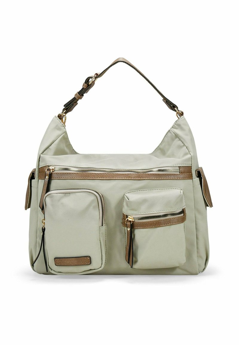 Bolsa de nylon verde con acentos marrones, que cuenta con múltiples bolsillos con cremallera y una amplia correa para el hombro. Textura suave y diseño holgado.