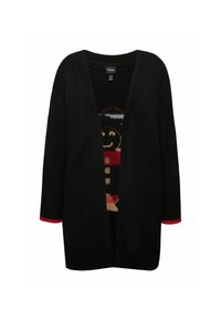 Zwarte cardigan met een losse pasvorm, gebreide textuur, open voorkant, met een kleurrijk peperkoekmannetje ontwerp aan de binnenkant en rode accenten op de mouwen.