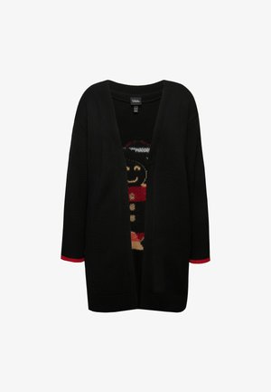 Zwarte cardigan met een losse pasvorm, gebreide textuur, open voorkant, met een kleurrijk peperkoekmannetje ontwerp aan de binnenkant en rode accenten op de mouwen.