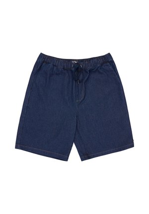 Tmavě modré kraťasy s tenkými pruhy, elastickým pasem a předním stahováním na šňůrku, vyrobené z lehké látky, položené na bílém pozadí.