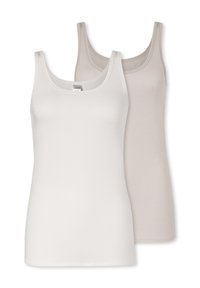 Two cotton tank tops in light beige and white, featuring a scoop neckline, narrow straps, and a smooth texture with visible stitching details.