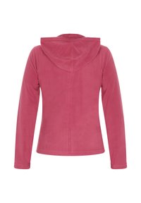 Fleece-Hoodie in einfarbigem Pink mit langen Ärmeln, strukturiertem Stoff und geradem Saum. Die Rückansicht zeigt die Kapuzenbefestigung.