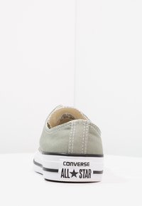 Grüne Canvas-Sneaker mit niedrigem Schnitt, weißer Gummisohle, schwarzem Streifen und "Converse All Star"-Logo an der Ferse, mit Kontrastnähten.