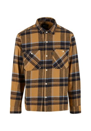 Kariertes Flanellhemd in goldbraun, schwarz und blau. Verfügt über einen Button-down-Kragen, zwei Brusttaschen und eine lässige Passform. Weicher Stoff.