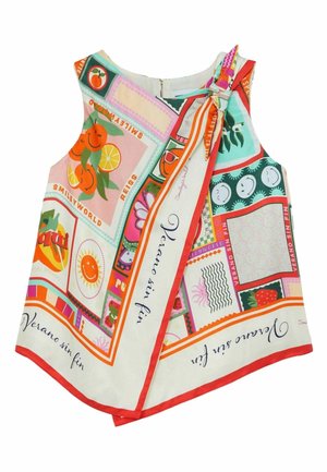 Ermeløs top med et farverigt patchworkdesign med frugt- og solmotiver. Fremstillet af let stof, med en rød detalje og bindebånd.