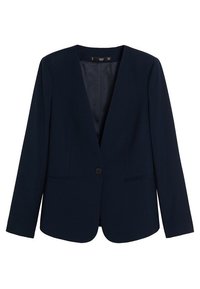 Námořnická modrá dámská blazer s jedním knoflíkem, dlouhými rukávy, dvěma předními kapsami a hladkým podšívkovým interiérem.