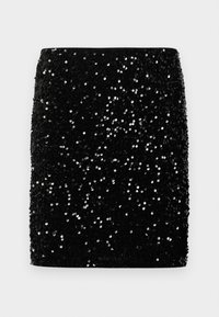 Mini-jupe noire couverte de sequins brillants avec une coupe droite et sans motifs ni ornements visibles.